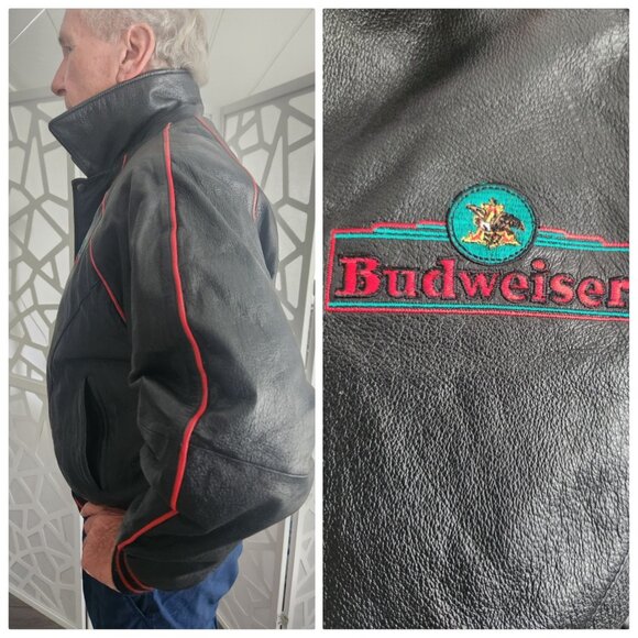 Budweiser VINTAGE Black Leather Jacket - Picture 1 of 6